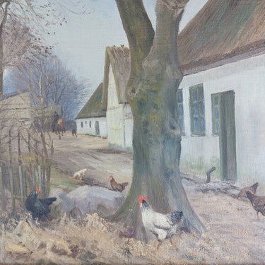 Original Bertel C. Nielsen Oil Painting – Chickens by a White Cottage | Vintage Danish Art | Framed